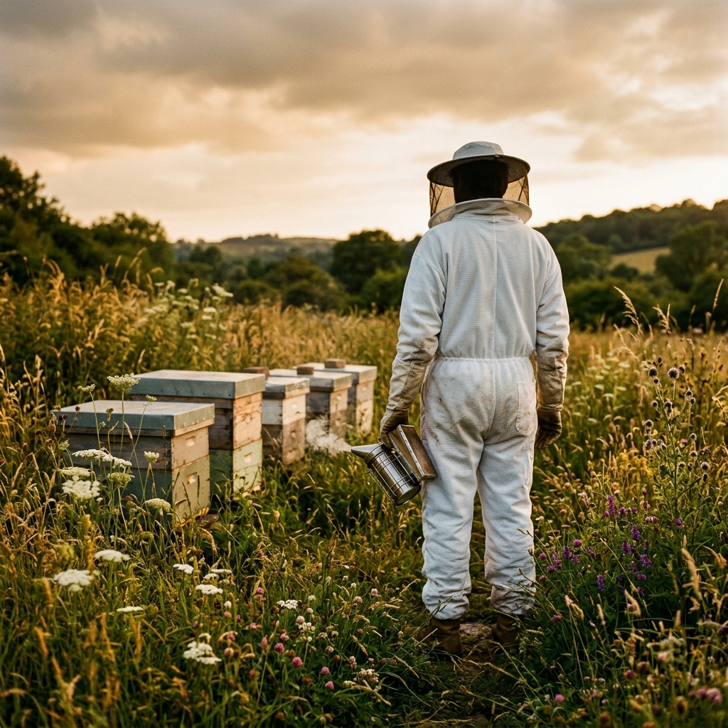 A beekeeper in a white suit stands with their back to the camera, facing a row of hive boxes in a wildflower meadow