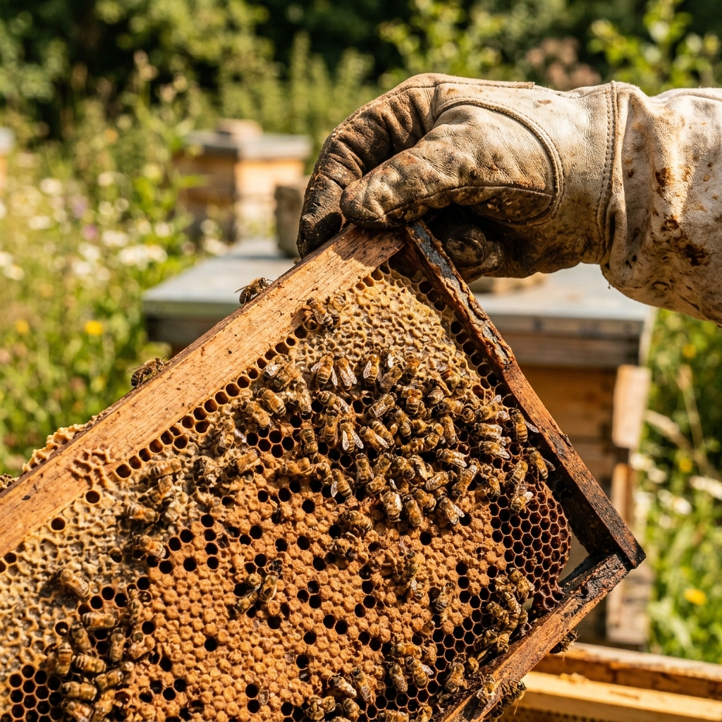 A healthy capped worker brood pattern on a deep pine frame in summer sun