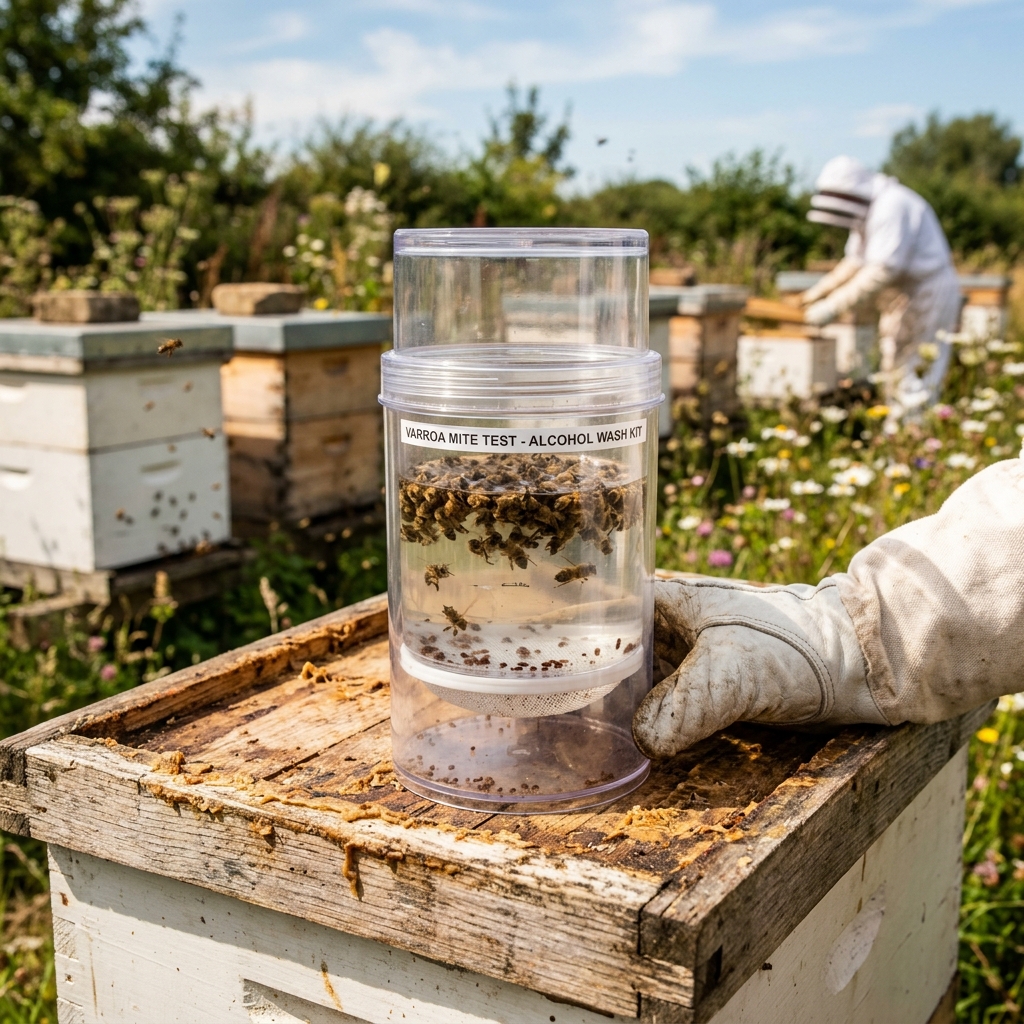 A beekeeper performing an alcohol wash mite test