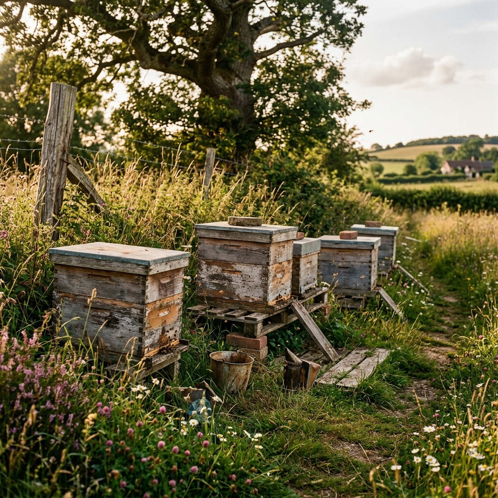 Wooden hive boxes sitting in a summer wildflower meadow